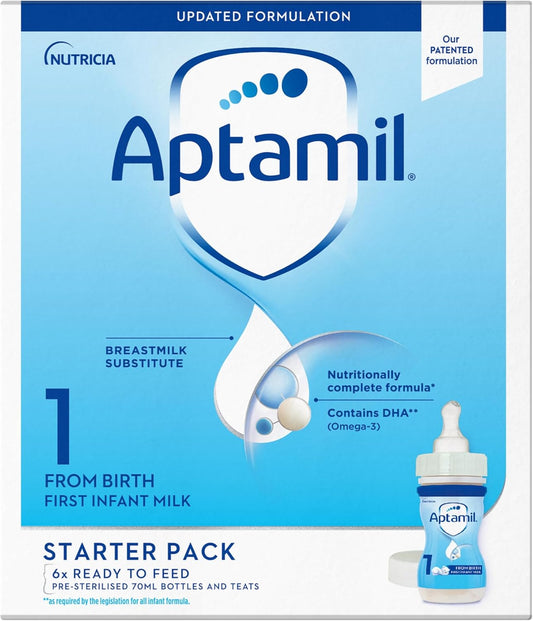 Aptamil 1 First Baby Milk Formula Starter Pack Ready to Use Liquid, from Birth, 6x70 ml