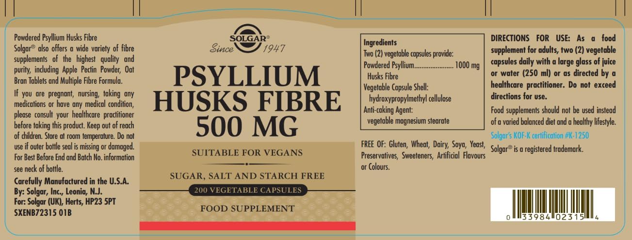 Solgar Psyllium Husks Fibre 500 Mg Vegetable Capsules - Pack Of 200 - High In Soluble Fibre - Vegan