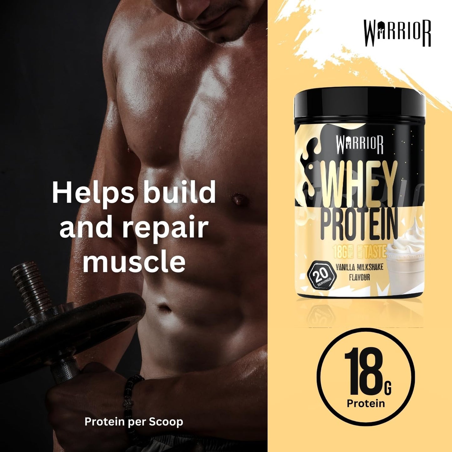 Warrior Whey Protein Powder 500g - Up to 36g* Protein per Shake – Low Sugar - Muscle Growth and Recovery Drink - Amazing Taste - 20 Servings
