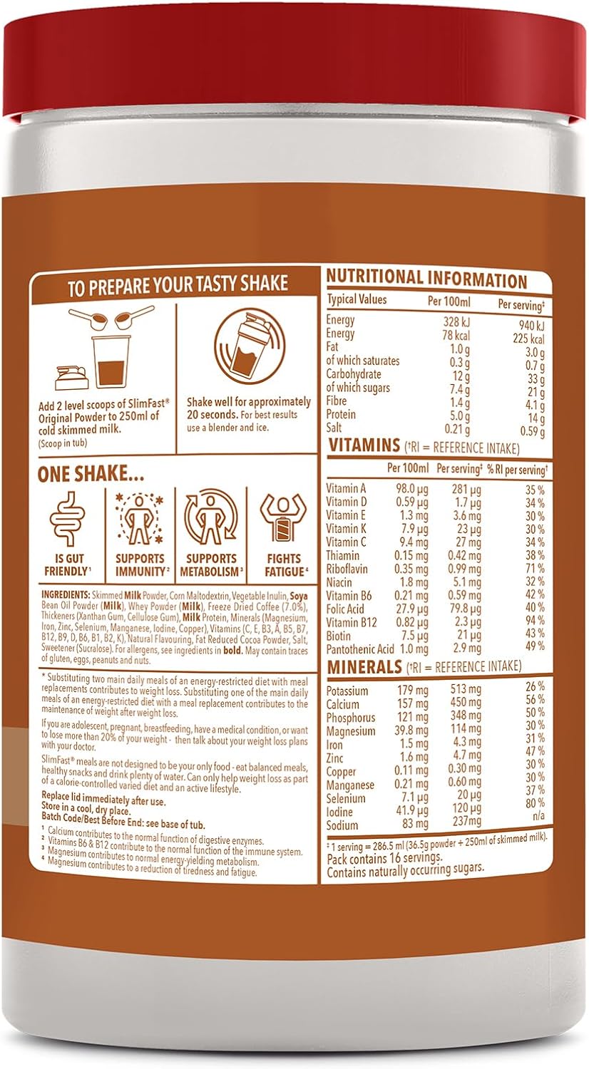 SlimFast Meal Replacement Shake for Weight Loss & Balanced Diet, Vitamins and Minerals, Low Calorie, High Protein, Café Latte Flavour, 16 servings, 584 g