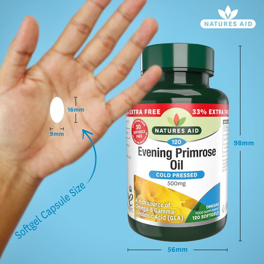 Natures Aid Evening Primrose Oil 500mg – Cold Pressed Omega-6 GLA – Supports Hormonal Balance, Skin Health & Anti-Inflammatory Function – Non-GMO, Gluten-Free – 120 Softgels
