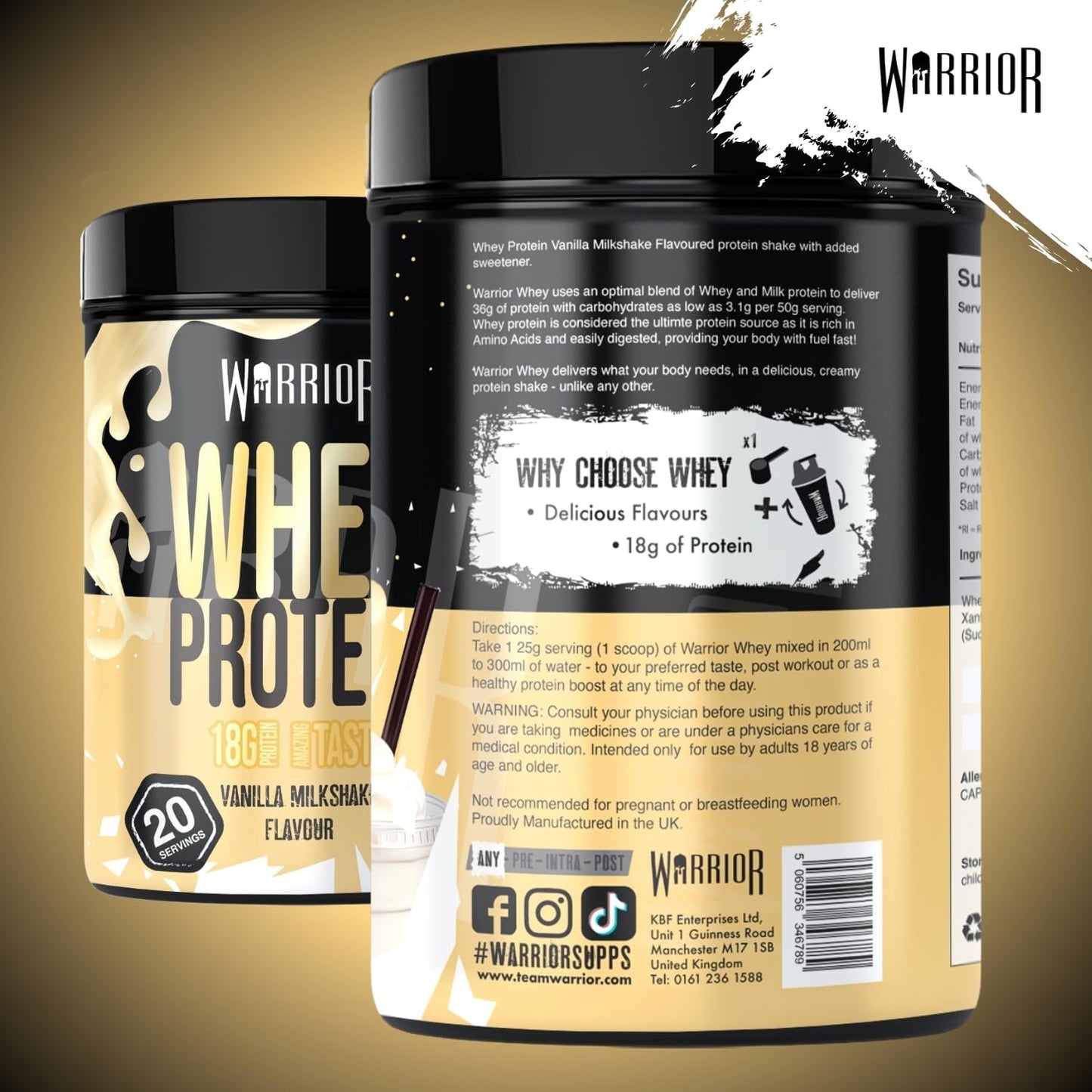 Warrior Whey Protein Powder 500g - Up to 36g* Protein per Shake – Low Sugar - Muscle Growth and Recovery Drink - Amazing Taste - 20 Servings