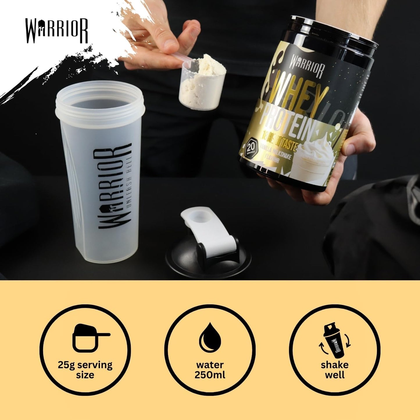 Warrior Whey Protein Powder 500g - Up to 36g* Protein per Shake – Low Sugar - Muscle Growth and Recovery Drink - Amazing Taste - 20 Servings