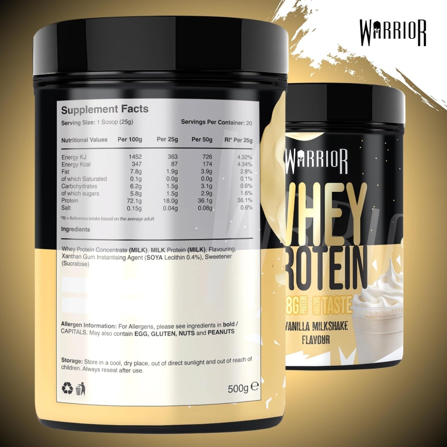 Warrior Whey Protein Powder 500g - Up to 36g* Protein per Shake – Low Sugar - Muscle Growth and Recovery Drink - Amazing Taste - 20 Servings