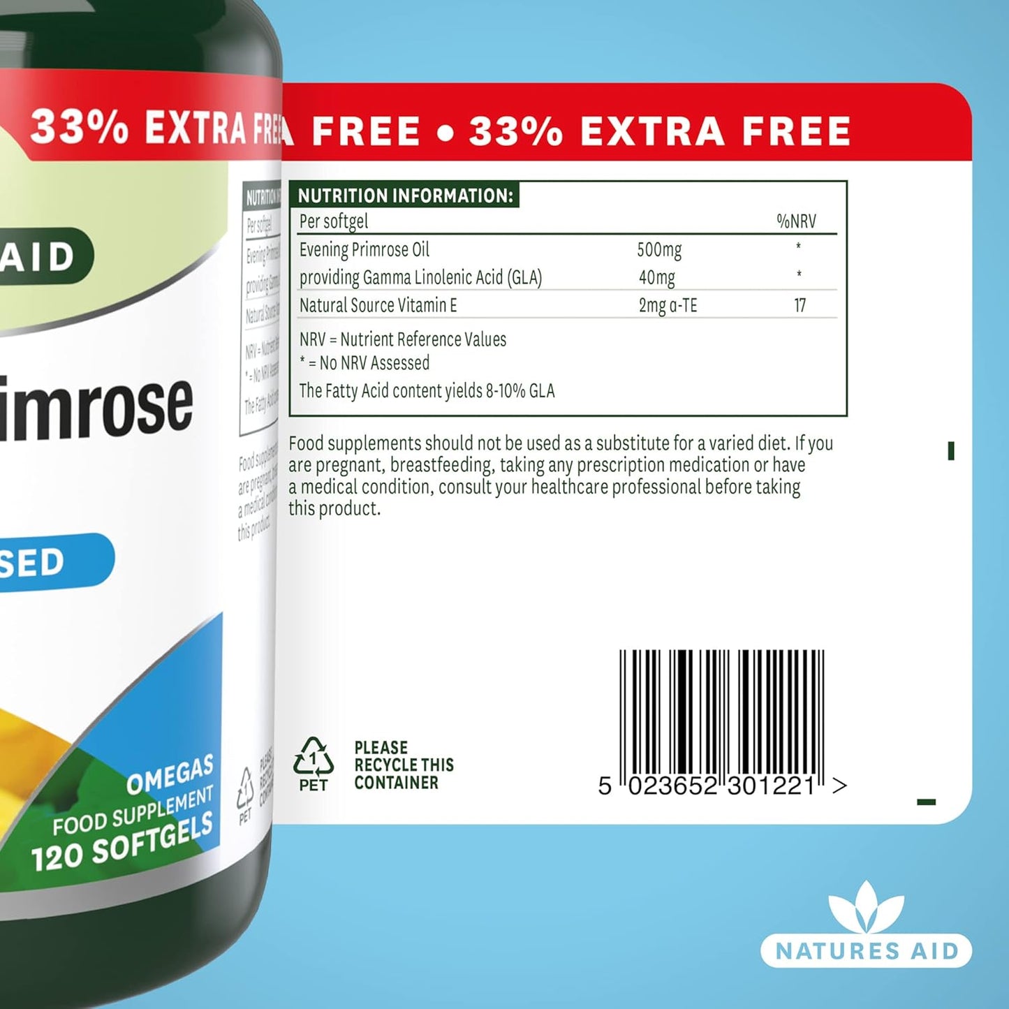 Natures Aid Evening Primrose Oil 500mg – Cold Pressed Omega-6 GLA – Supports Hormonal Balance, Skin Health & Anti-Inflammatory Function – Non-GMO, Gluten-Free – 120 Softgels