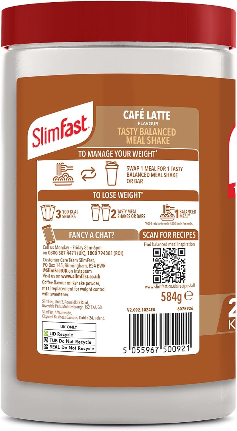 SlimFast Meal Replacement Shake for Weight Loss & Balanced Diet, Vitamins and Minerals, Low Calorie, High Protein, Café Latte Flavour, 16 servings, 584 g