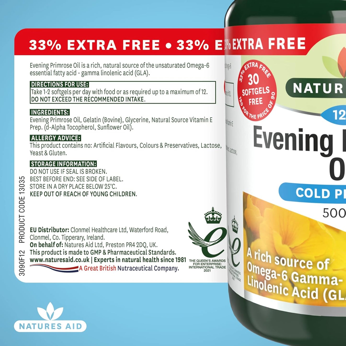 Natures Aid Evening Primrose Oil 500mg – Cold Pressed Omega-6 GLA – Supports Hormonal Balance, Skin Health & Anti-Inflammatory Function – Non-GMO, Gluten-Free – 120 Softgels
