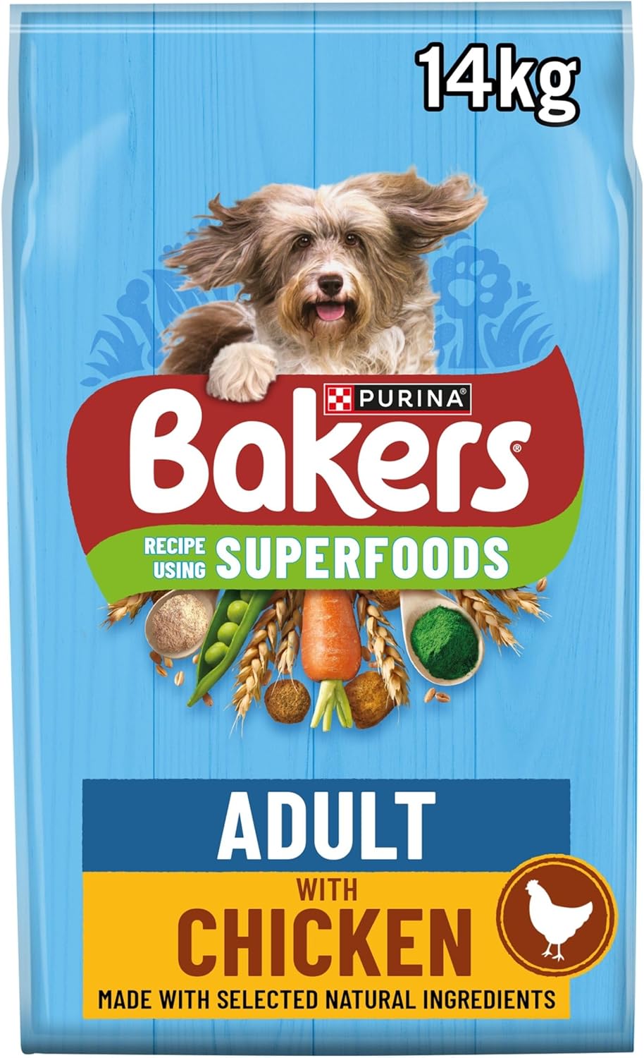 Purina Bakers dog food package with a blue background and a dog on it.