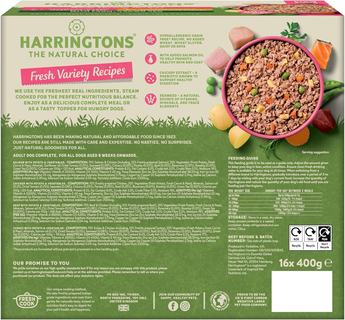 Harringtons Complete Wet Tray Grain Free Hypoallergenic Adult Dog Food Classics Variety Pack 16x400g -