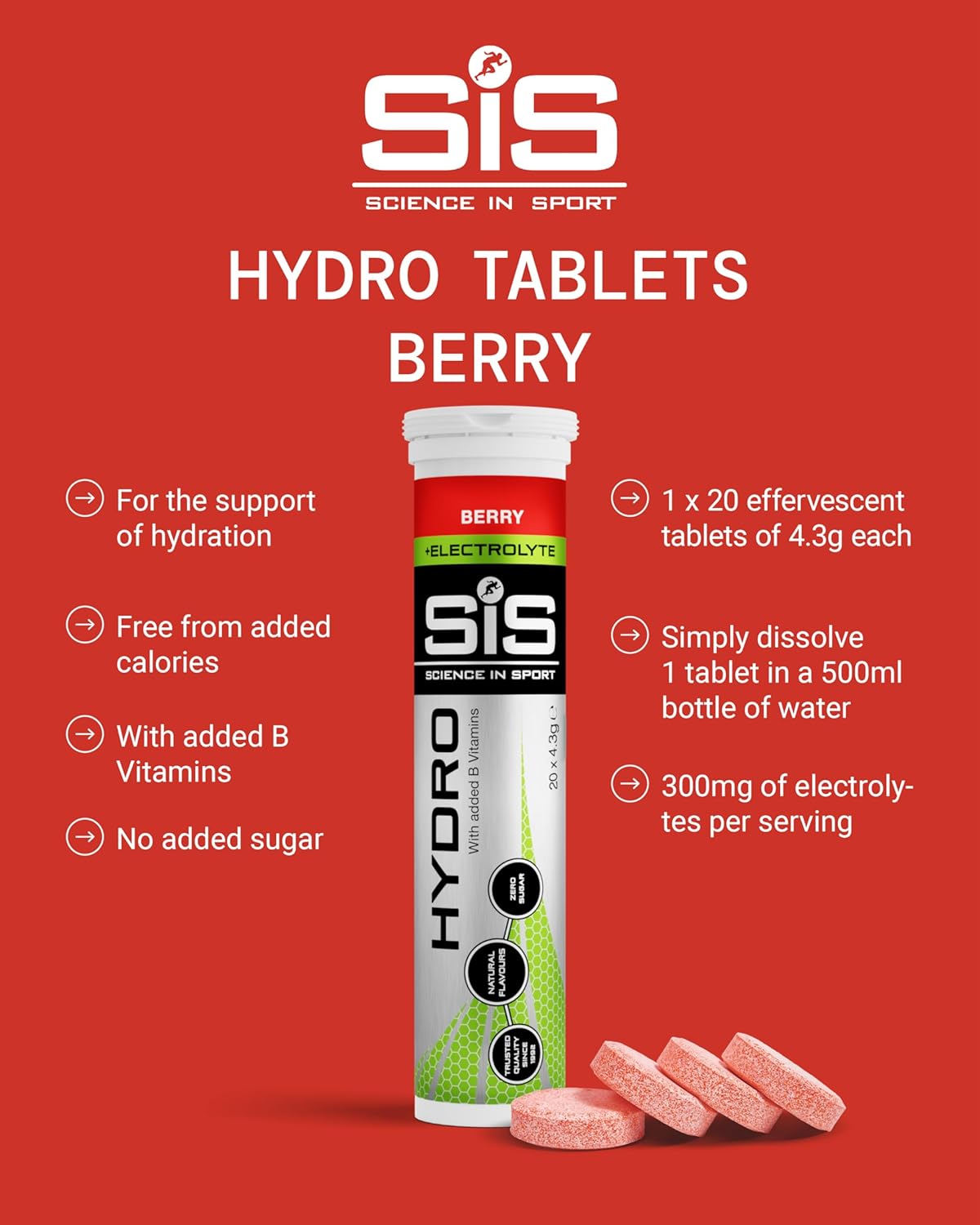 Science in Sport Hydro Electrolyte Tablets 20 pcs. Berry – Vegan & Gluten-Free, Ideal to Promote Hydration and Maintain Electrolytes Balance