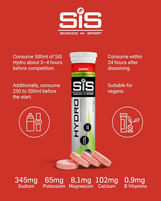 Science in Sport Hydro Electrolyte Tablets 20 pcs. Berry – Vegan & Gluten-Free, Ideal to Promote Hydration and Maintain Electrolytes Balance
