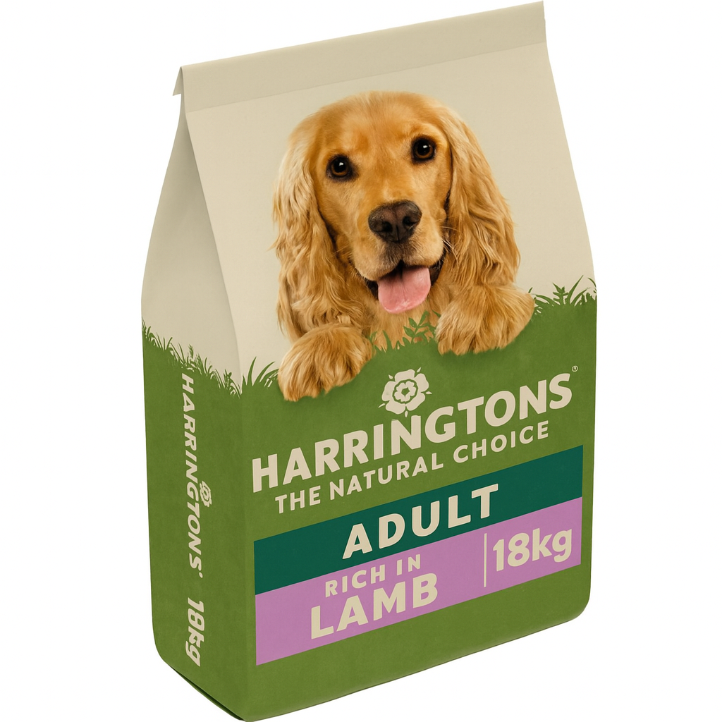 3D angled view of Harringtons Complete Dry Adult Dog Food Lamb & Rice 18kg bag with golden retriever image on packaging