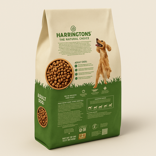 Back view of Harringtons Complete Dry Adult Dog Food Lamb & Rice 18kg bag showing feeding guide, ingredients, kibble close-up, and dog image