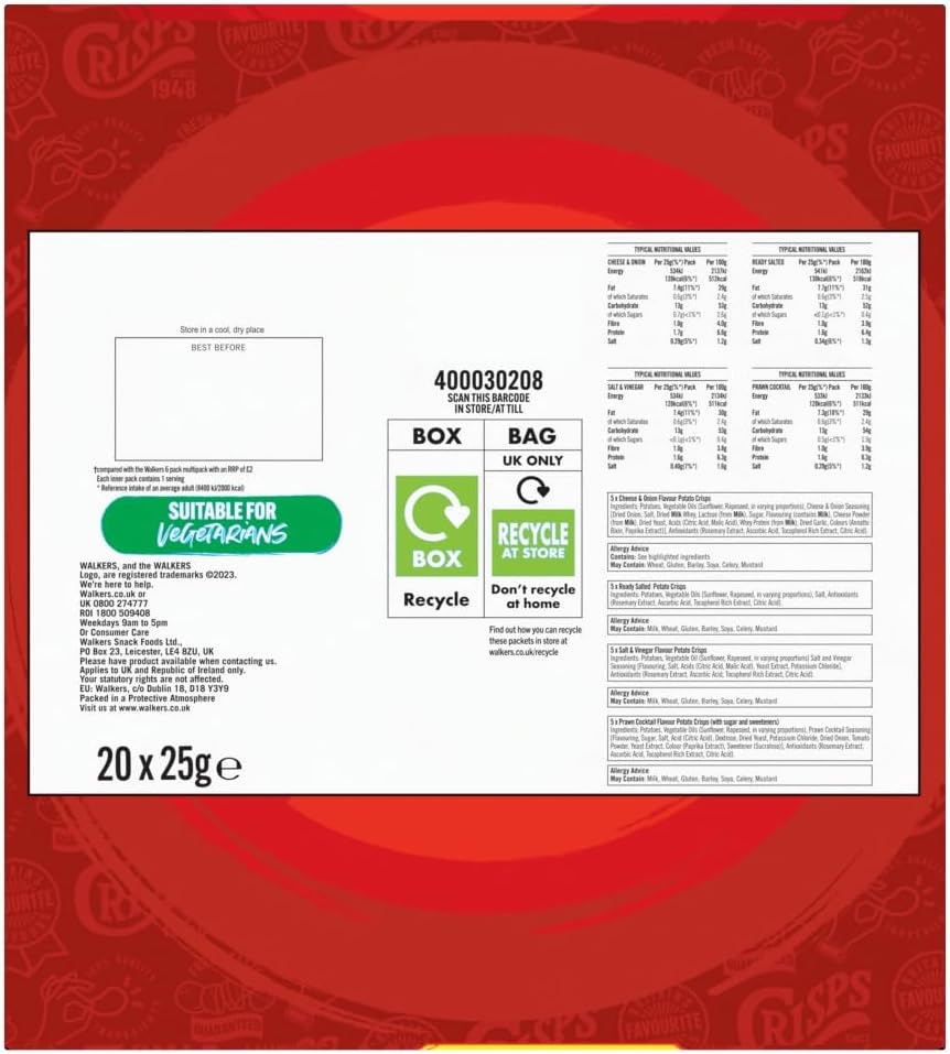 Walkers Classic Variety Multipack Crisps Box 20x25 g