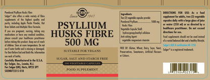 Solgar Psyllium Husks Fibre 500 Mg Vegetable Capsules - Pack Of 200 - High In Soluble Fibre - Vegan