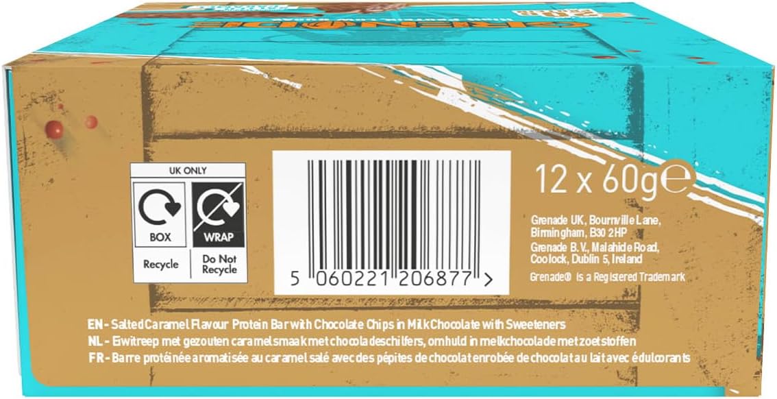 Grenade High Protein, Low Sugar Bar - Chocolate Chip Salted Caramel, 12 x 60 g