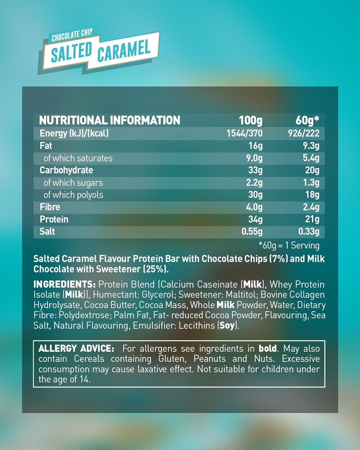Grenade High Protein, Low Sugar Bar - Chocolate Chip Salted Caramel, 12 x 60 g