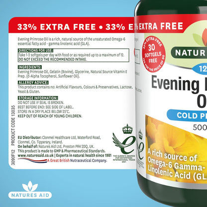 Natures Aid Evening Primrose Oil 500mg – Cold Pressed Omega-6 GLA – Supports Hormonal Balance, Skin Health & Anti-Inflammatory Function – Non-GMO, Gluten-Free – 120 Softgels
