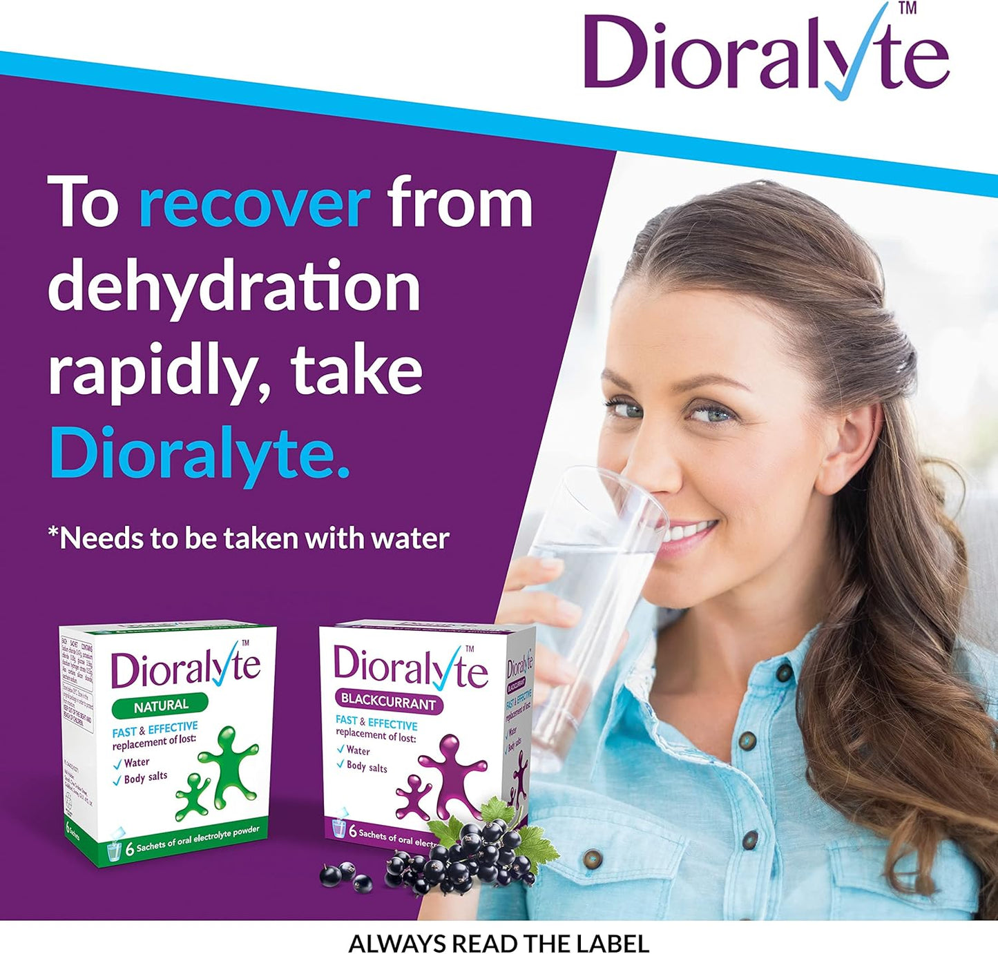 Dioralyte - Fast and Effective Supplement Treatment for Reducing Dehydration and Replacing Electrolytes Blackcurrant Flavour - 6 Sachets
