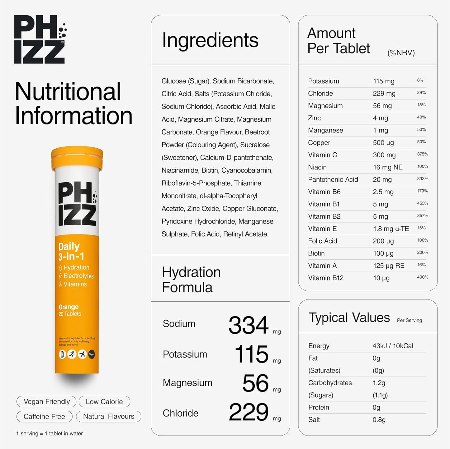Phizz Electrolytes, Multivitamin & Hydration Tablets - 20 Effervescent Orange, 20 Tablets)