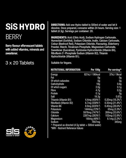 Science in Sport Hydro Electrolyte Tablets 20 pcs. Berry – Vegan & Gluten-Free, Ideal to Promote Hydration and Maintain Electrolytes Balance